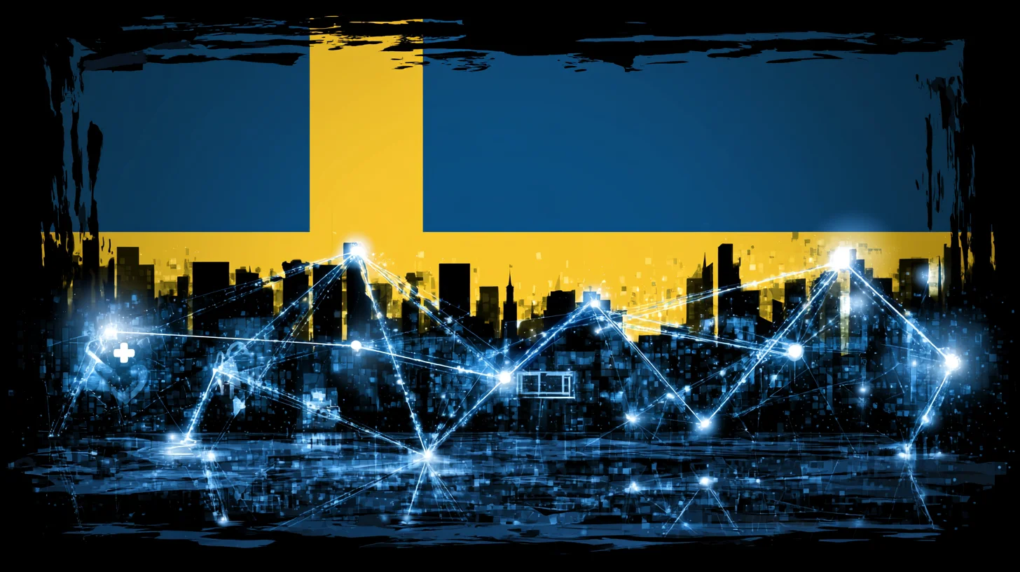 En symbolisk bild av Sveriges AI-strategi, med en svensk flagga i bakgrunden och sammankopplade digitala noder som representerar vård, skola och kommunala tjänster.