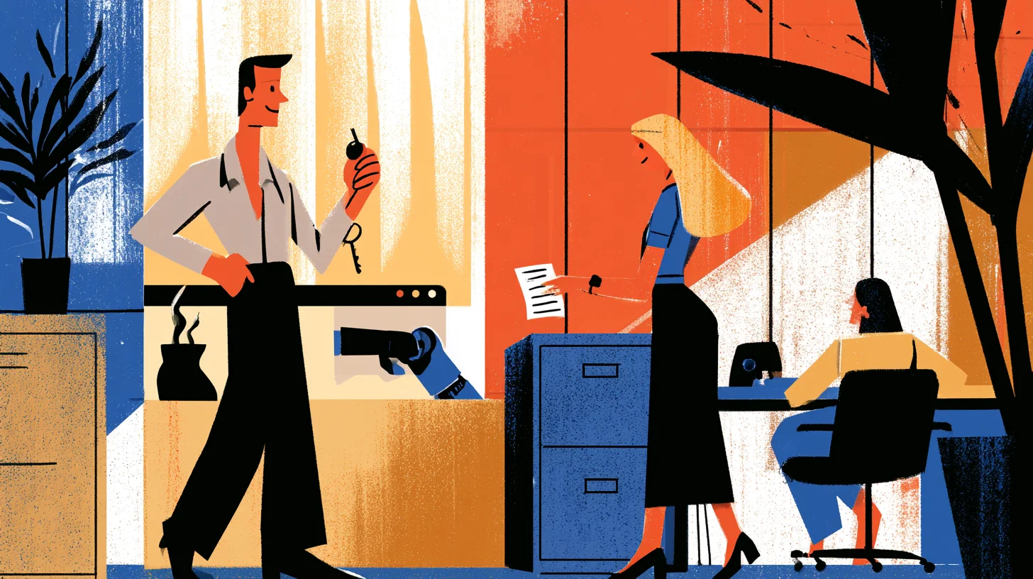 Retroillustration i mid-century-stil av ett kontor där en man håller upp en enda nyckel medan en blå mekanisk hand sträcker sig genom ett fönster format som en webbläsarflik mot ett arkivskåp. En kollega sträcker samtidigt fram ett papper mot handen, medan en tredje kollega sitter vid ett skrivbord i bakgrunden.