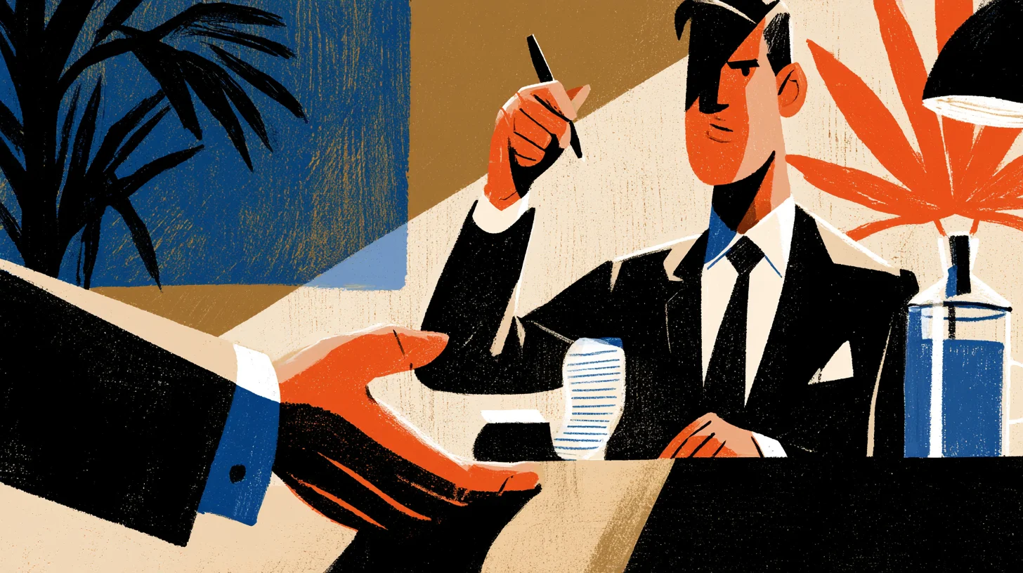Retroillustration i blått, ockra, orange och svart. Till höger sitter en man i mörk kostym och slips bakom en bordsskiva och håller en penna lyft i luften utan att skriva. Från vänster sträcks en öppen hand in över bordet mot ett papper som ligger framför honom. I bakgrunden syns en palm, en inramad blå tavla, en lampa och en flaska.