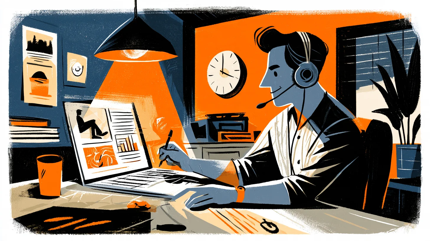 Illustration av en person med headset som skriver anteckningar vid en bärbar dator med bild- och textblock på skärmen.