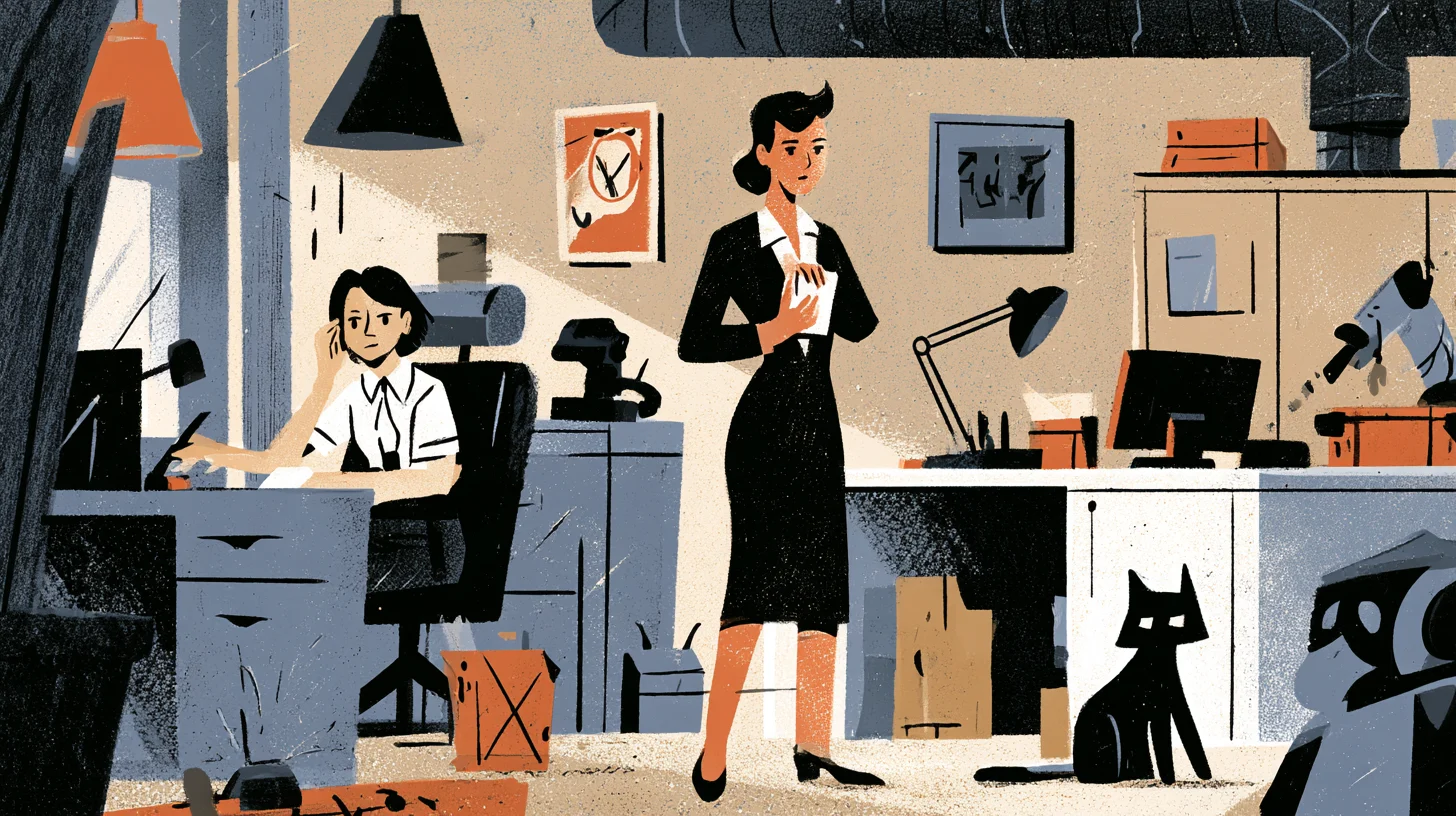 Retroillustration av två kollegor på ett svenskt kontor där en person stoppar arbetet och håller en liten dokumentmapp medan den andra kontaktar hjälp.