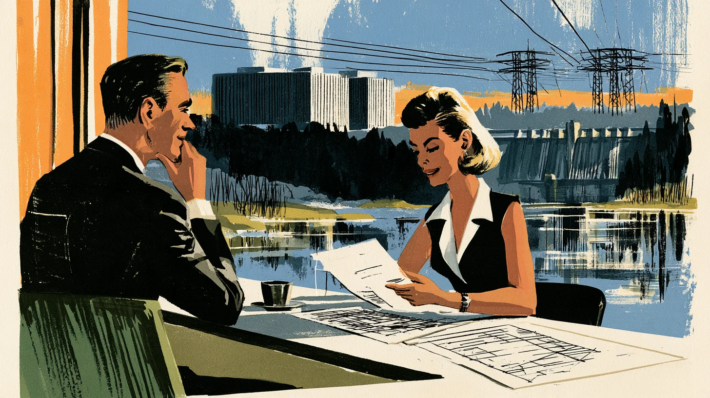 Retroillustration av en kvinna som läser ett dokument vid ett bord med tabellpapper och en kaffekopp, medan en man i mörk kavaj lyssnar. Genom fönstret syns en sjö, en stor fyrkantig byggnad, en dammbyggnad och kraftledningar.