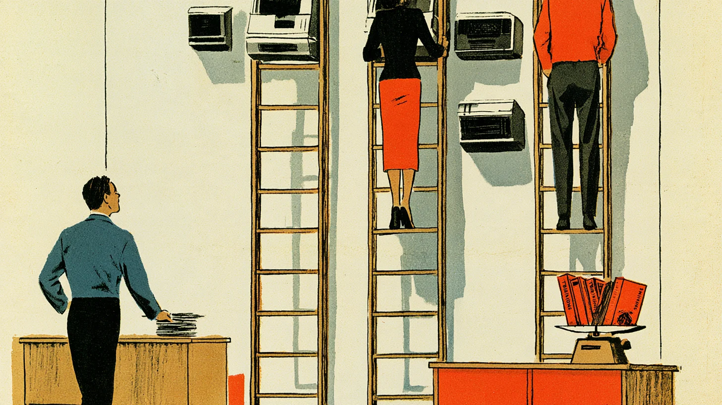 Illustration i retrostil av tre höga trästegar mot en ljus vägg med lådformade apparater, där en kvinna i svart tröja och röd kjol och en man i röd tröja klättrar uppför var sin stege medan en man i blå skjorta står vid ett skrivbord med en pappersbunt och tittar upp, och en våg med röda pärmar står på ett rött skåp till höger.