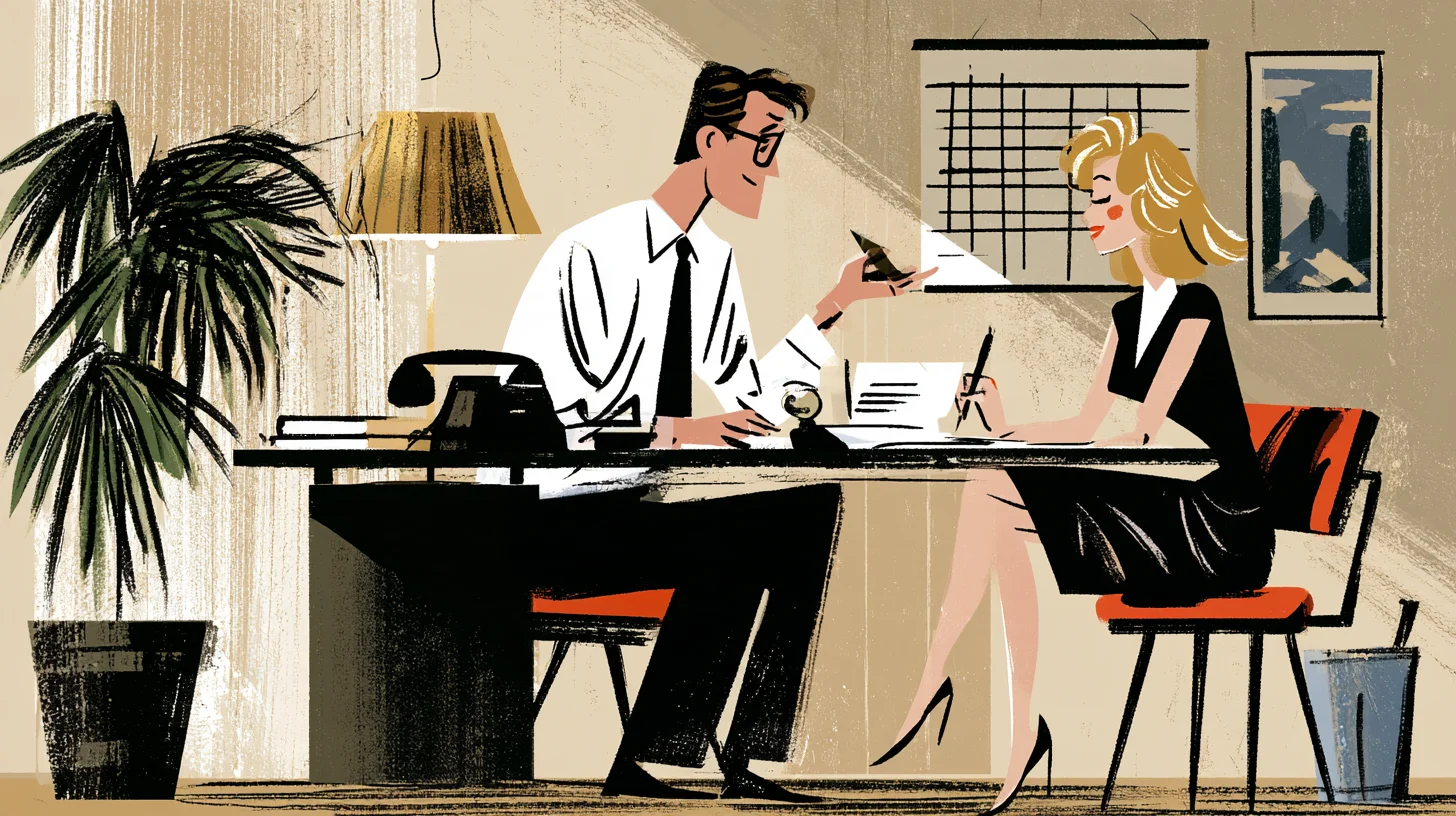 Illustration av två personer vid ett skrivbord med dokument; den ena håller upp ett papper och den andra håller en penna.