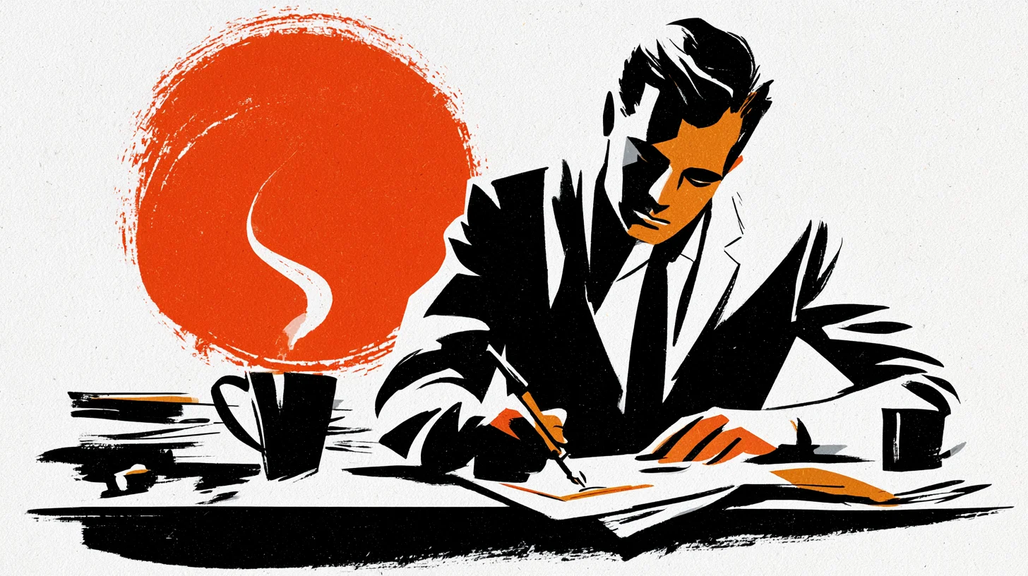 Retroinspirerad redaktionell illustration i svart och orange mot kräm: en person i kavaj lutar sig över ett skrivbord och skriver för hand på ett enda pappersark, bredvid en rykande kaffekopp och en stor orange cirkel.