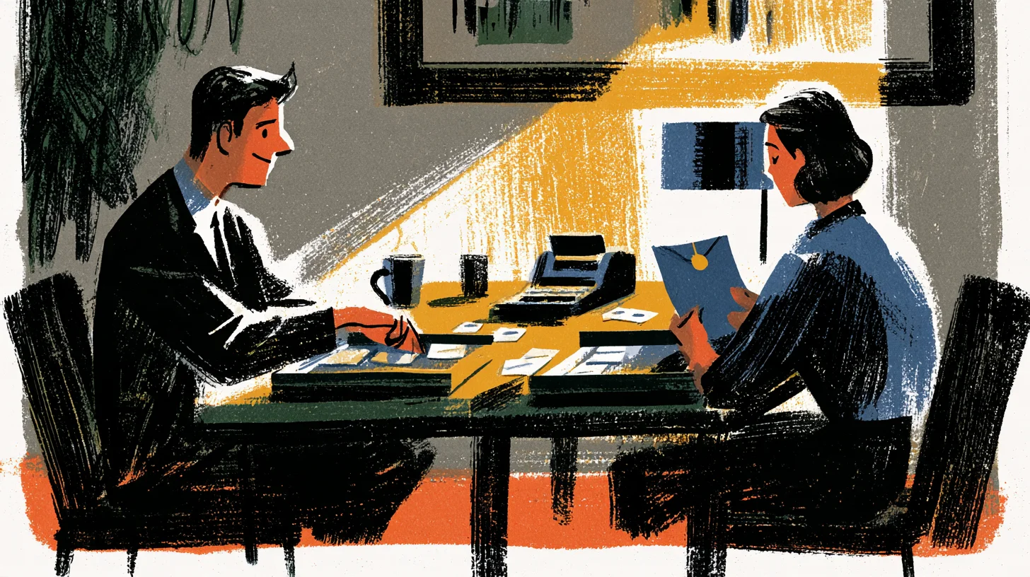 Retroillustration av en man och en kvinna som sitter mittemot varandra vid ett bord med dokument och en skrivmaskin, medan kvinnan håller en blå mapp.