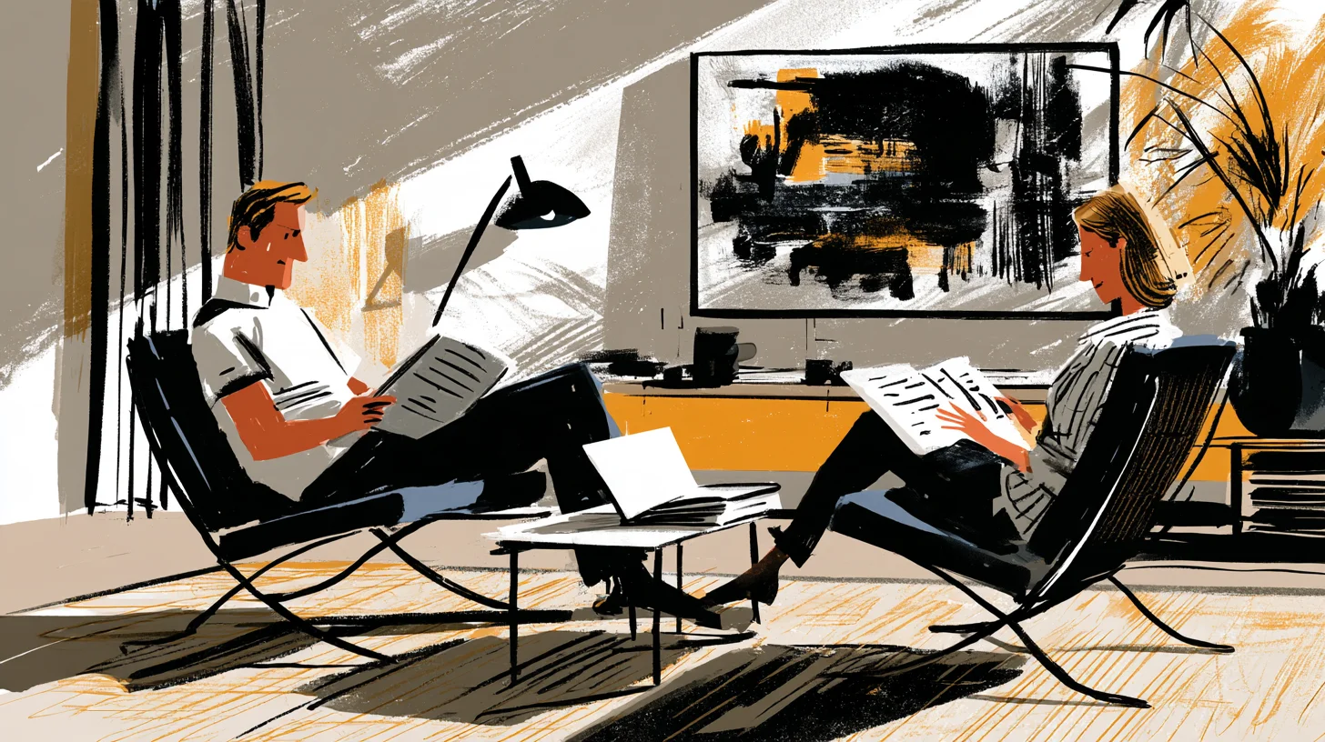 Illustration av en man och en kvinna som sitter mitt emot varandra i två fåtöljer och läser varsitt dokument, med en öppen bärbar dator på bordet mellan dem.