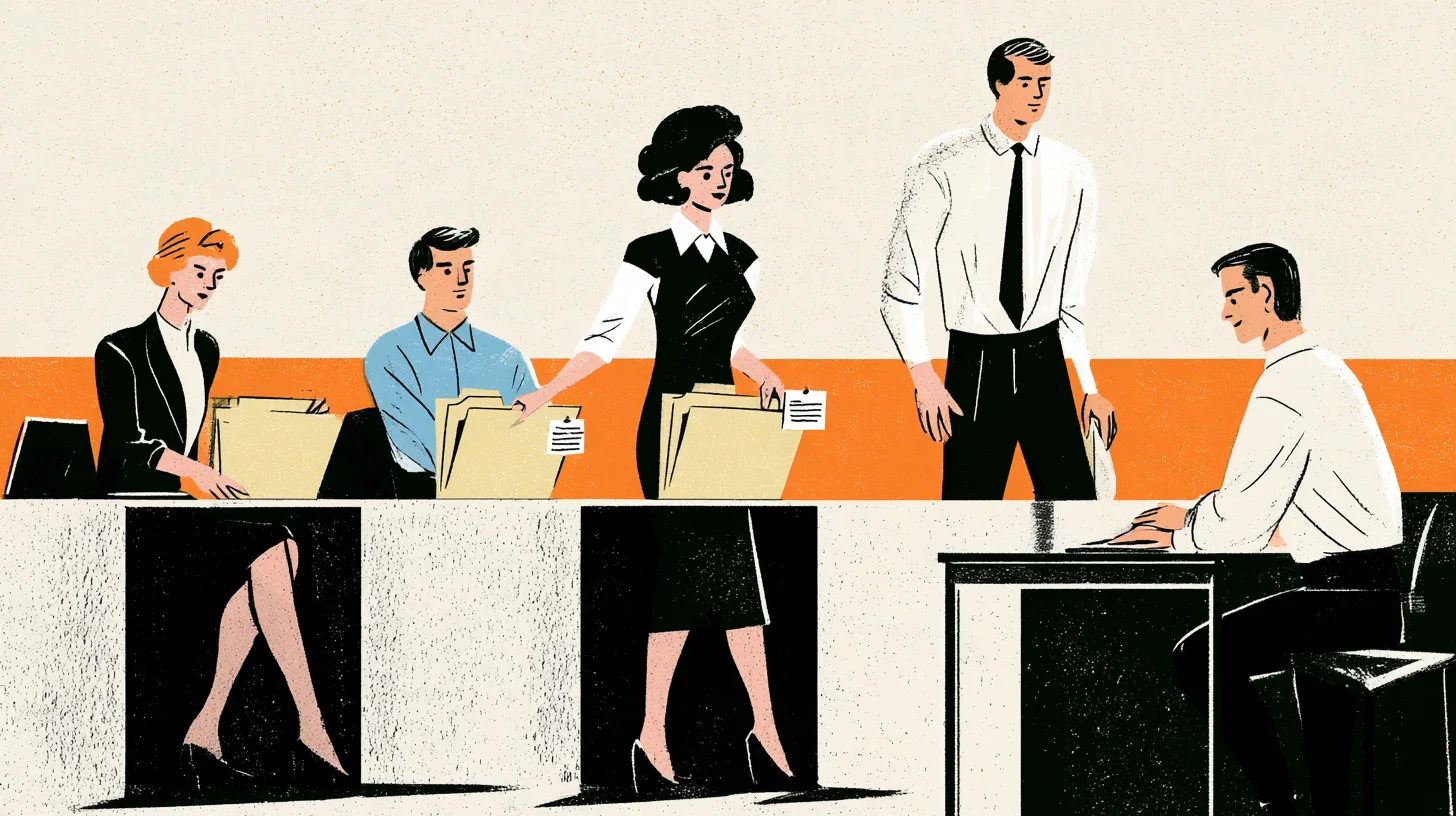 Retroillustration av fem kontorsmedarbetare vid ett långt bord, där tre personer sorterar märkta mappar.