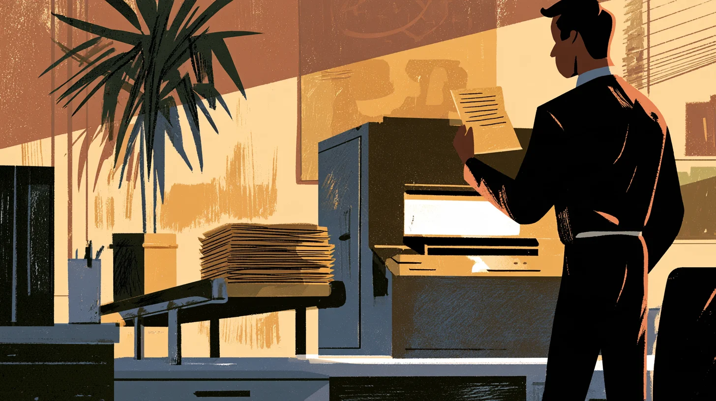 Illustration i bruna och gula toner av en man i mörk kostym, sedd snett bakifrån, som håller upp ett papper med textrader framför en stor kontorsmaskin, medan en tjock bunt papper ligger på en ränna som leder in mot maskinen och en krukväxt står i bakgrunden.