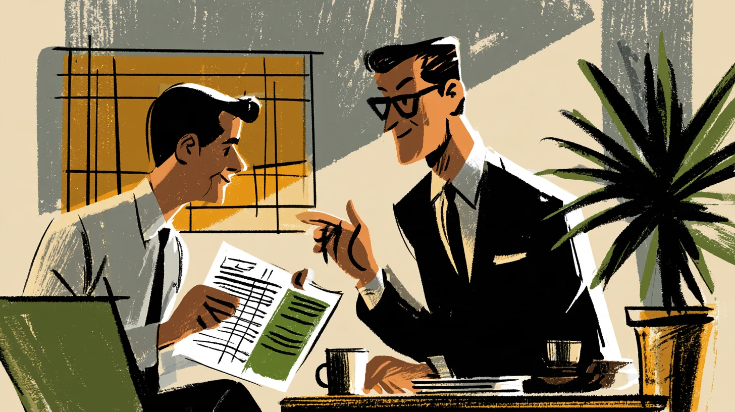 Illustration av två personer som samtalar vid ett skrivbord; den ena håller ett dokument och den andra gestikulerar, med en bärbar dator och koppar på bordet.