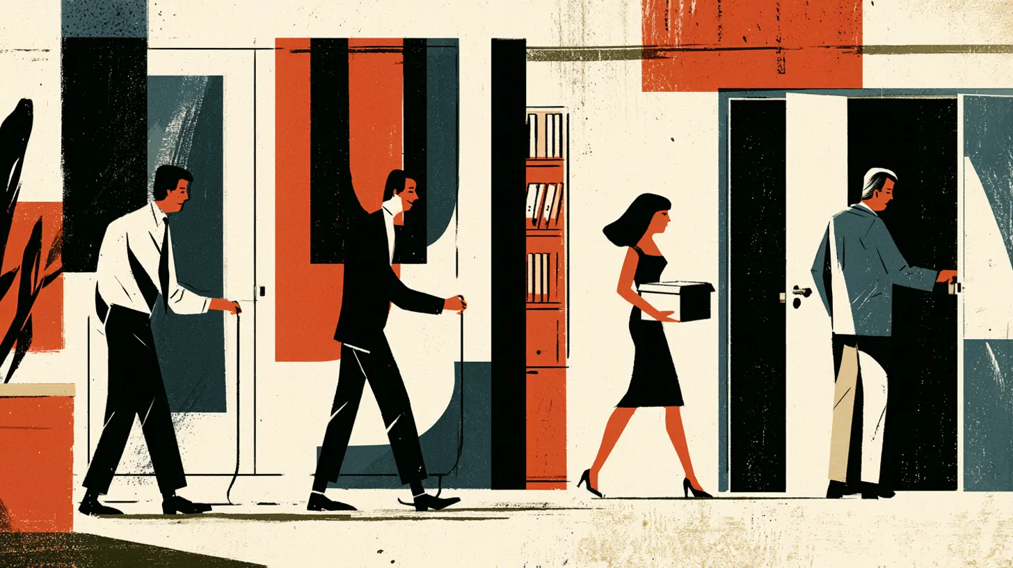 Mid-century-illustration av ett kontor där fyra personer avvecklar en tjänst steg för steg. Två personer drar varsin urkopplad kabel bort från väggpanelerna, en person bär en arkivlåda genom rummet förbi en hylla med pärmar, och längst till höger står en person med handen på handtaget till en öppen dörr.