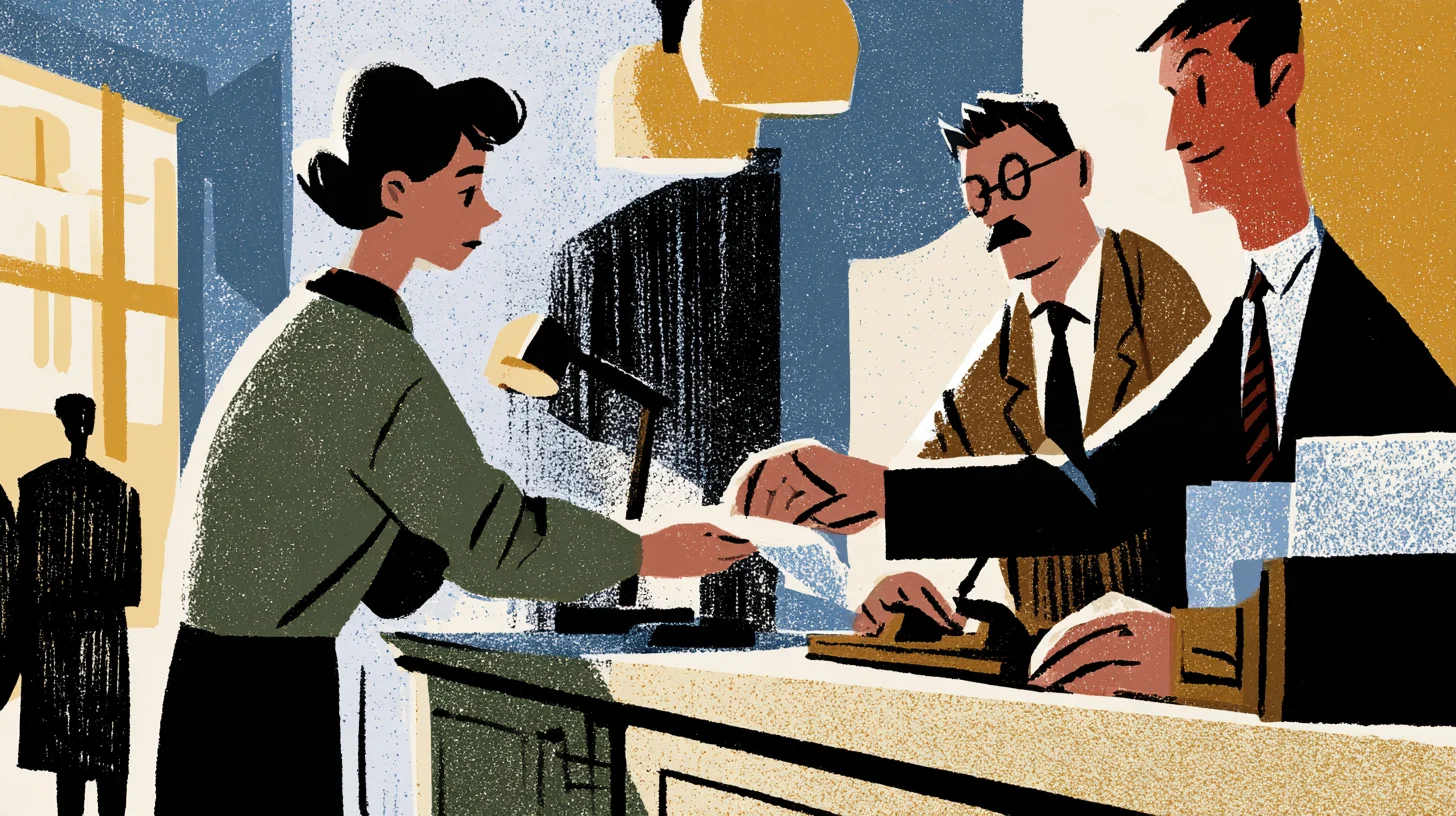 Illustration av en kvinna som räcker fram ett papper över en disk till två män i kostym.