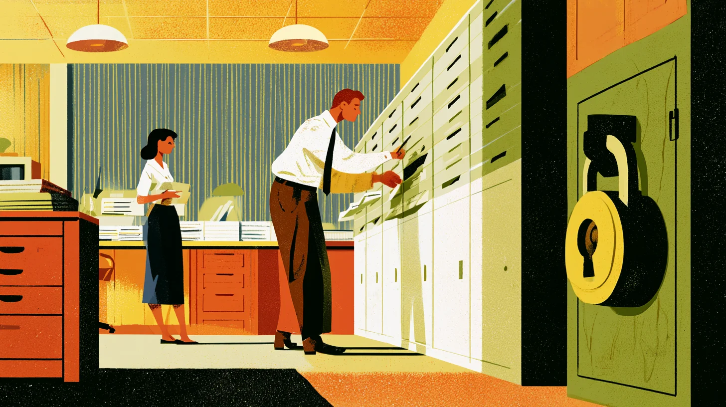 Retroillustration av en man som granskar handlingar i ett arkivskåp medan en kvinna håller mappar; i förgrunden syns ett stort hänglås på en öppen dörr.