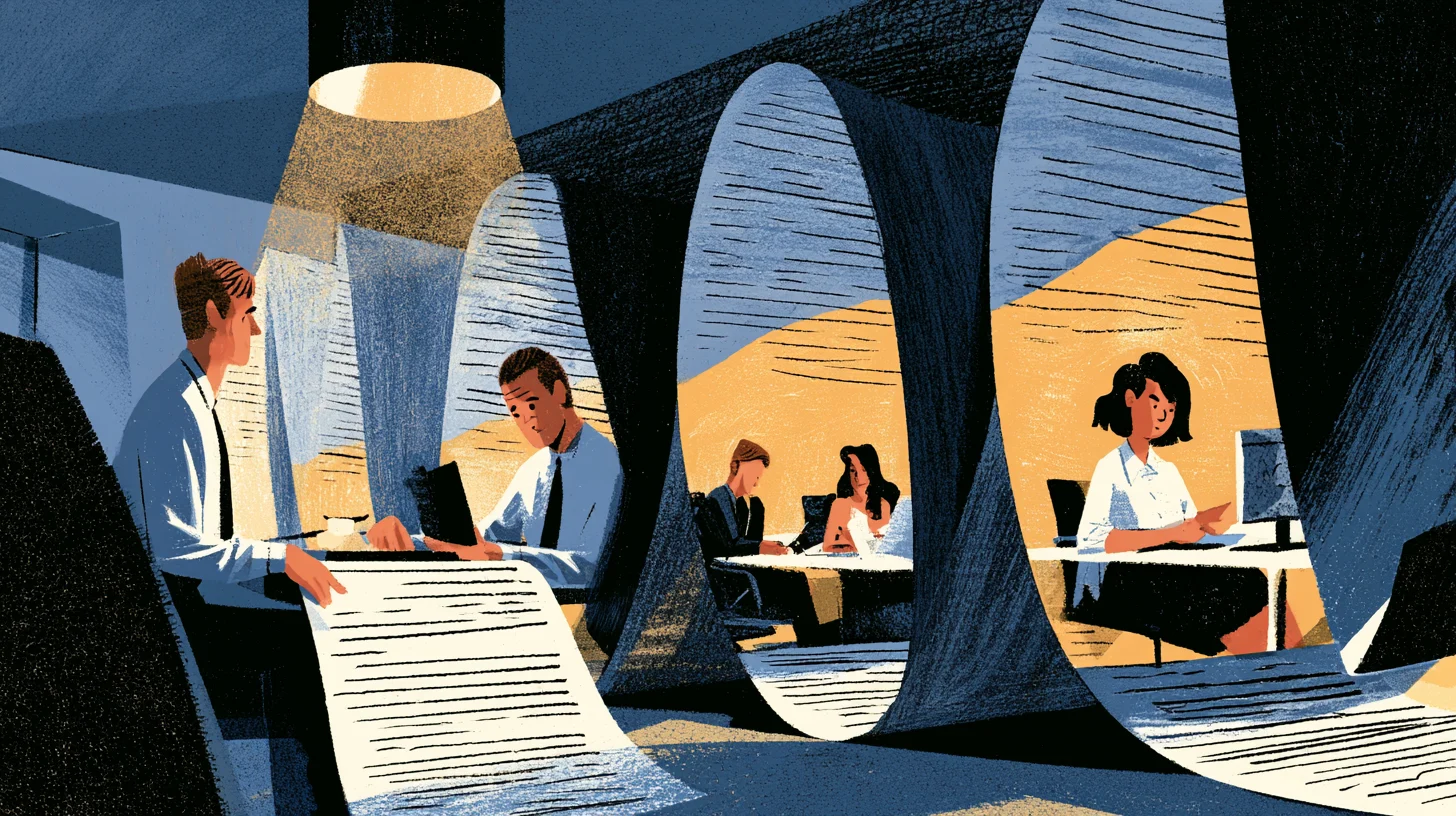 Retroillustration av ett avtal som vecklas ut i flera lager och visar en kedja av aktörer som hanterar samma information.