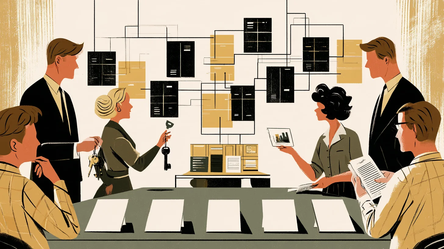 Illustration av sex personer runt ett bord framför en vägg med sammanlänkade datarutor, där två personer håller nycklar och en annan visar en graf.