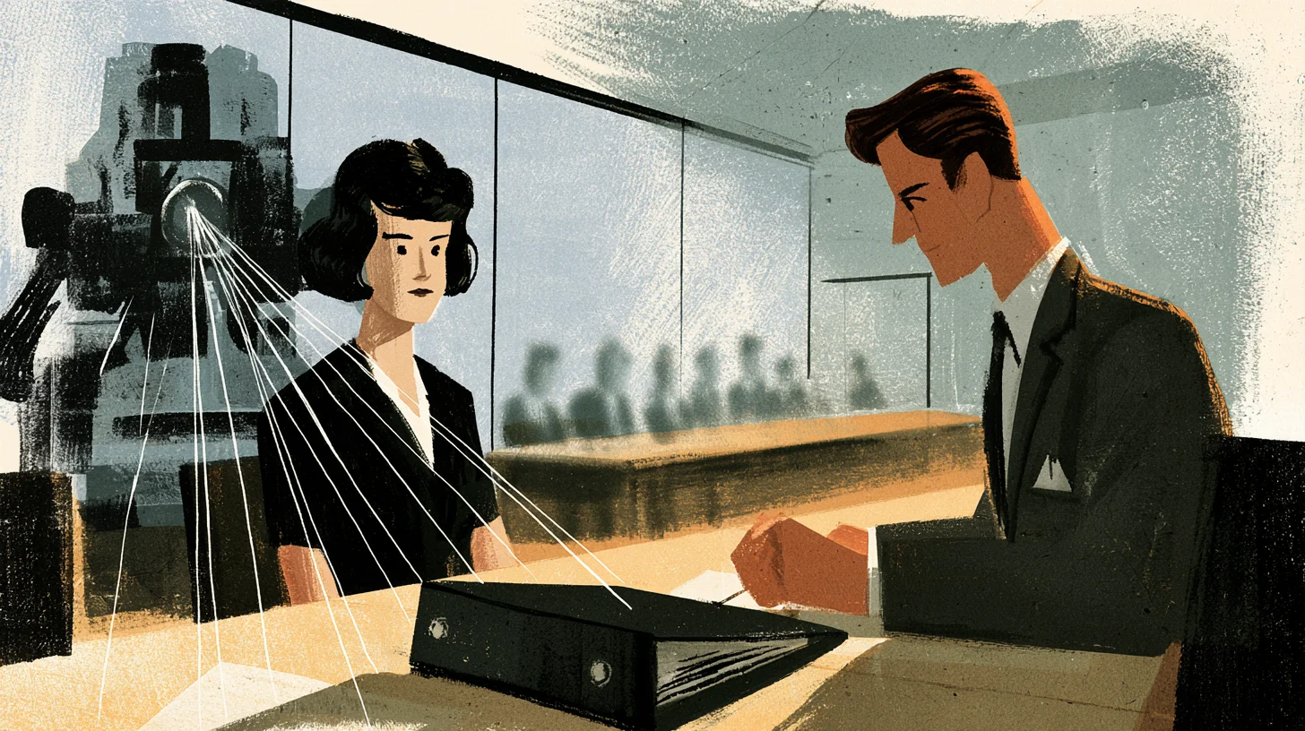 Retroillustration av en kvinna och en man vid ett skrivbord med en svart pärm. Från en mörk maskin till vänster går tunna vita linjer över kvinnan mot pärmen, och bakom en glasvägg sitter en suddig grupp människor vid ett långt bord.