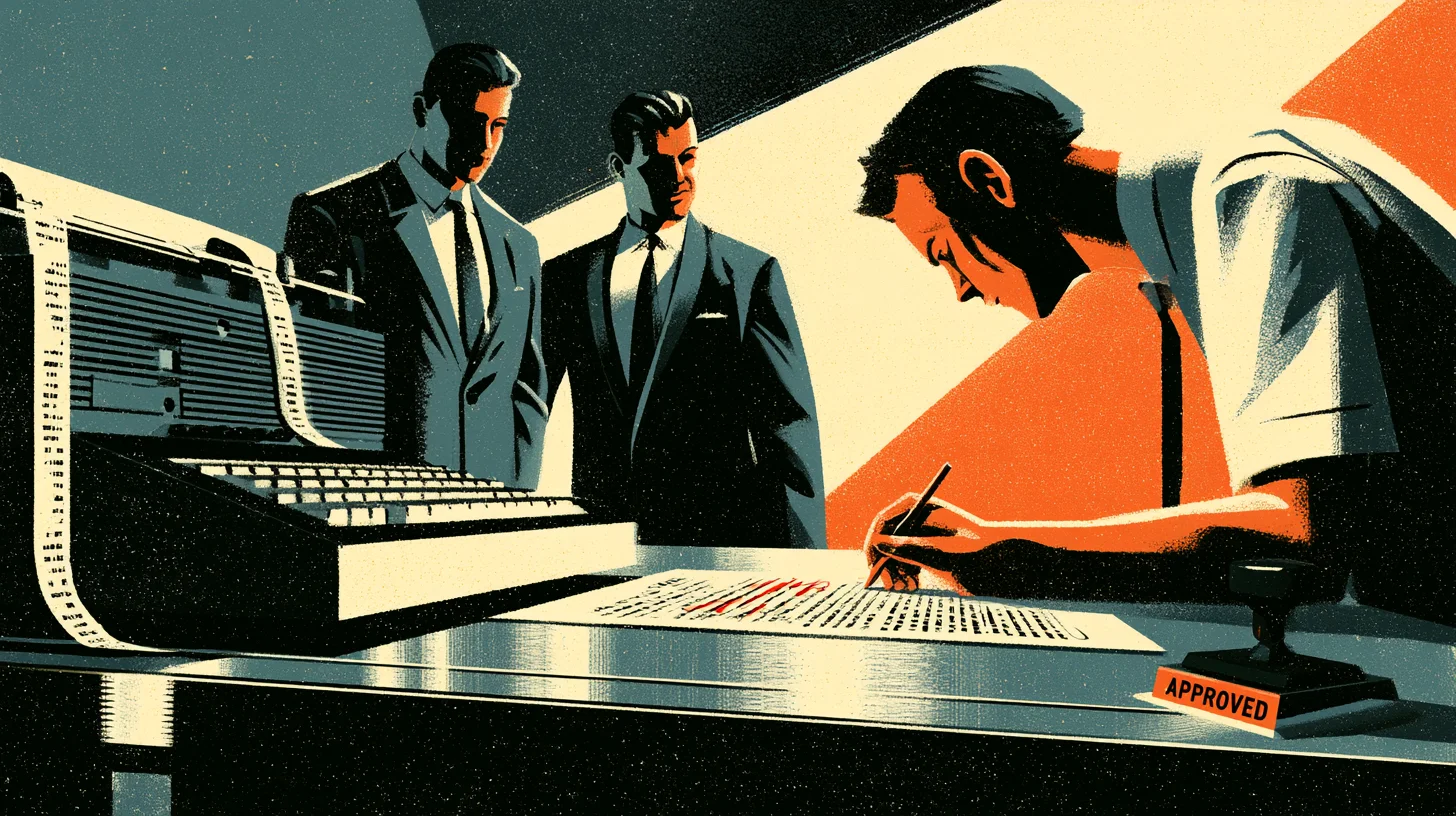Retroillustration i 1950- eller 60-talsstil: en person lutar sig över ett utskrivet svar och markerar rader med röd penna vid ett skrivbord. Till vänster står en stor kontorsmaskin med pappersremsa, bakom den står två kollegor i kostym och följer granskningen. I förgrunden ligger en stämpel märkt APPROVED.