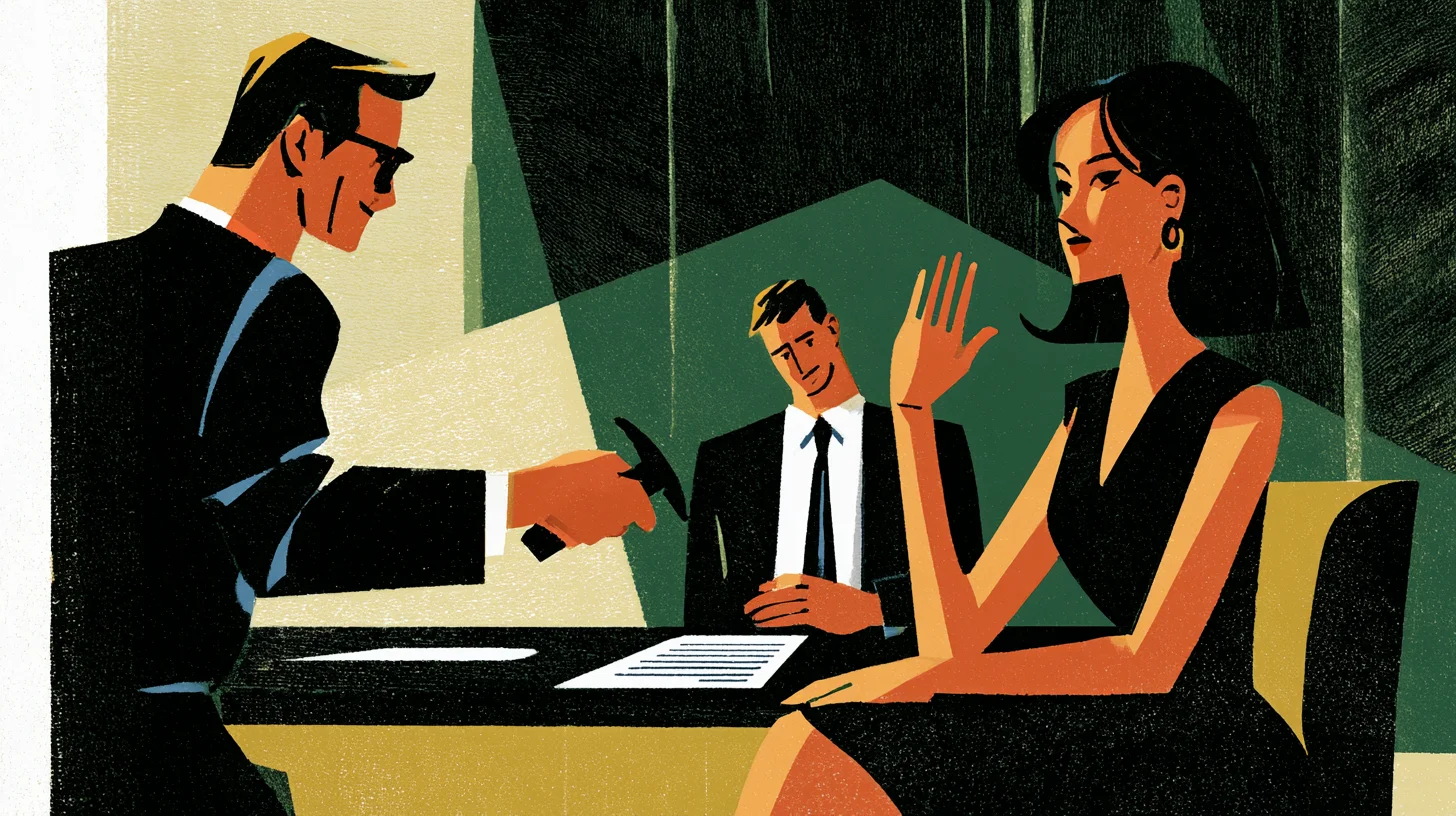 Retroillustration i mid-century-stil i grönt, ockra och tegelrött. En man i mörk kostym och glasögon lutar sig över ett bord från vänster och räcker fram ett litet handverktyg. Till höger sitter en kvinna i svart klänning i en gul stol och håller upp en öppen handflata i en stoppande gest. Mellan dem sitter en tredje person i kostym med händerna vilande vid ett vitt, textfyllt dokument som ligger på bordet.
