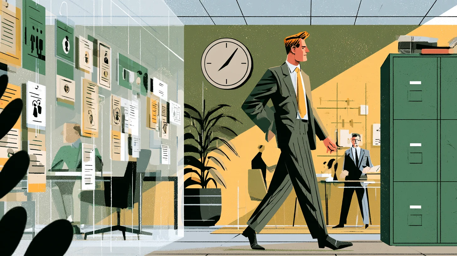 Retroillustration av en man i kostym som går mellan en glasvägg med uppsatta dokument och ett grönt arkivskåp på ett kontor.