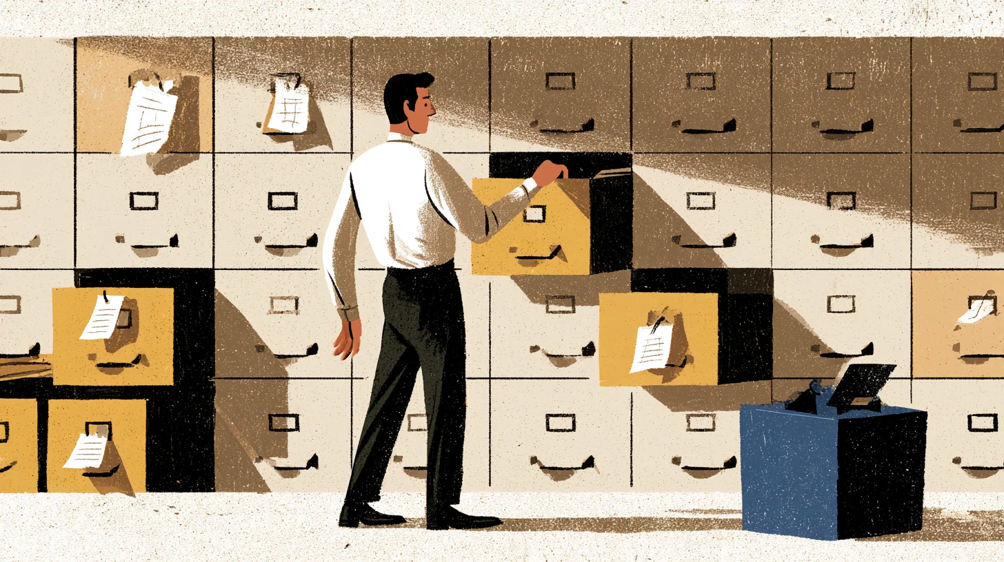 Mid-century-illustration av en kontorsarbetare framför en vägg av arkivlådor. Personen fäster ett kort på en utdragen låda, flera andra lådor bär redan likadana kort, och längst till höger töms en låda i en behållare.