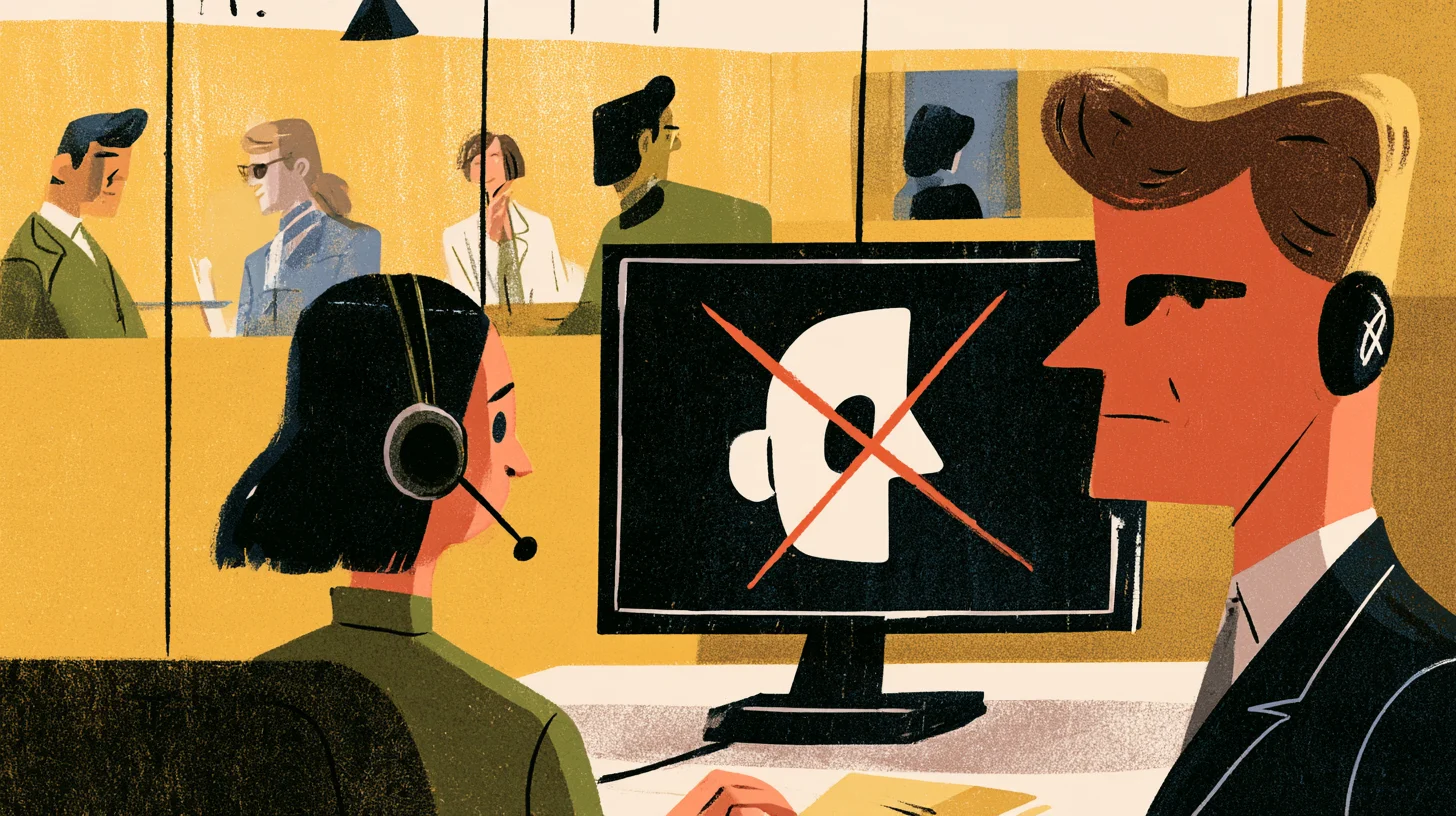 Illustration av ett kontor där en kvinna med headset sitter framför en skärm som visar en stiliserad ansiktsprofil överkorsad med ett rött kryss, medan en man i mörk kavaj och hörlurar syns i profil bredvid och kollegor arbetar i bås i bakgrunden.