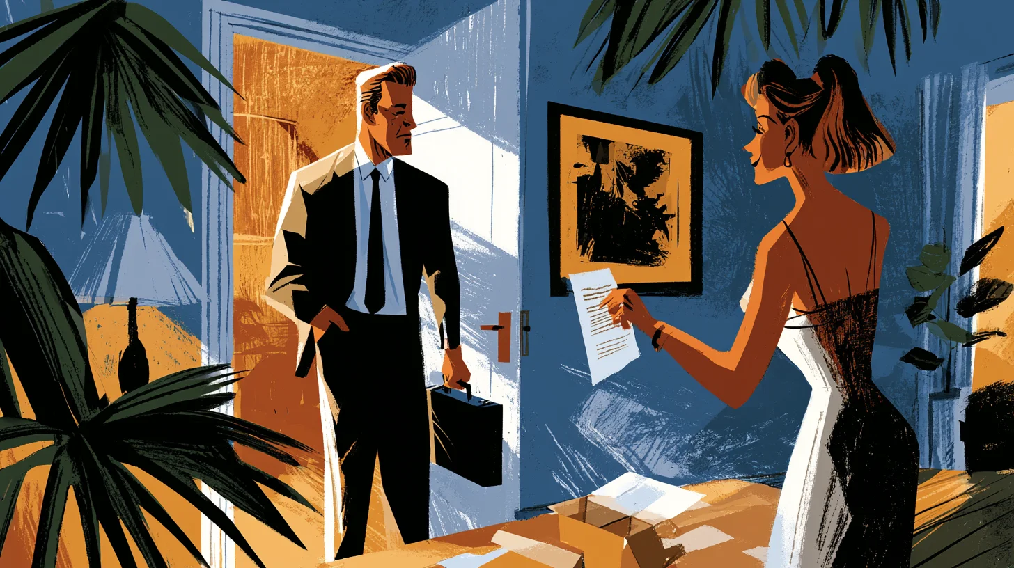 Retroillustration i blått, ockra och svart. En man i mörk kostym och slips står i en öppen dörr med en portfölj i handen. Till höger står en kvinna i ljus klänning och håller fram ett enda skrivet pappersark mot honom. I förgrunden syns palmblad och en bordskant med papper och kartonger, och på den blå väggen hänger en inramad tavla.