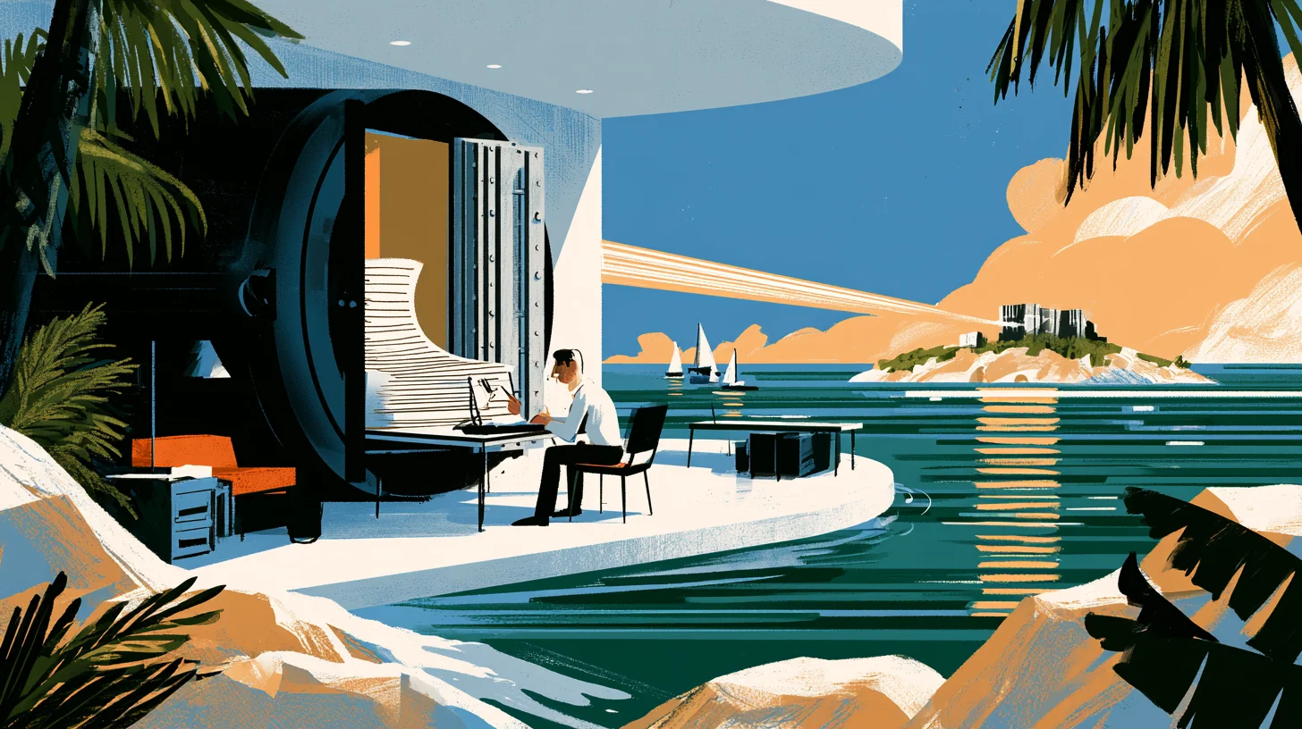 Illustration av en person vid en dator bredvid ett öppet serverskåp, med en ljusstråle över havet mot en avlägsen byggnad