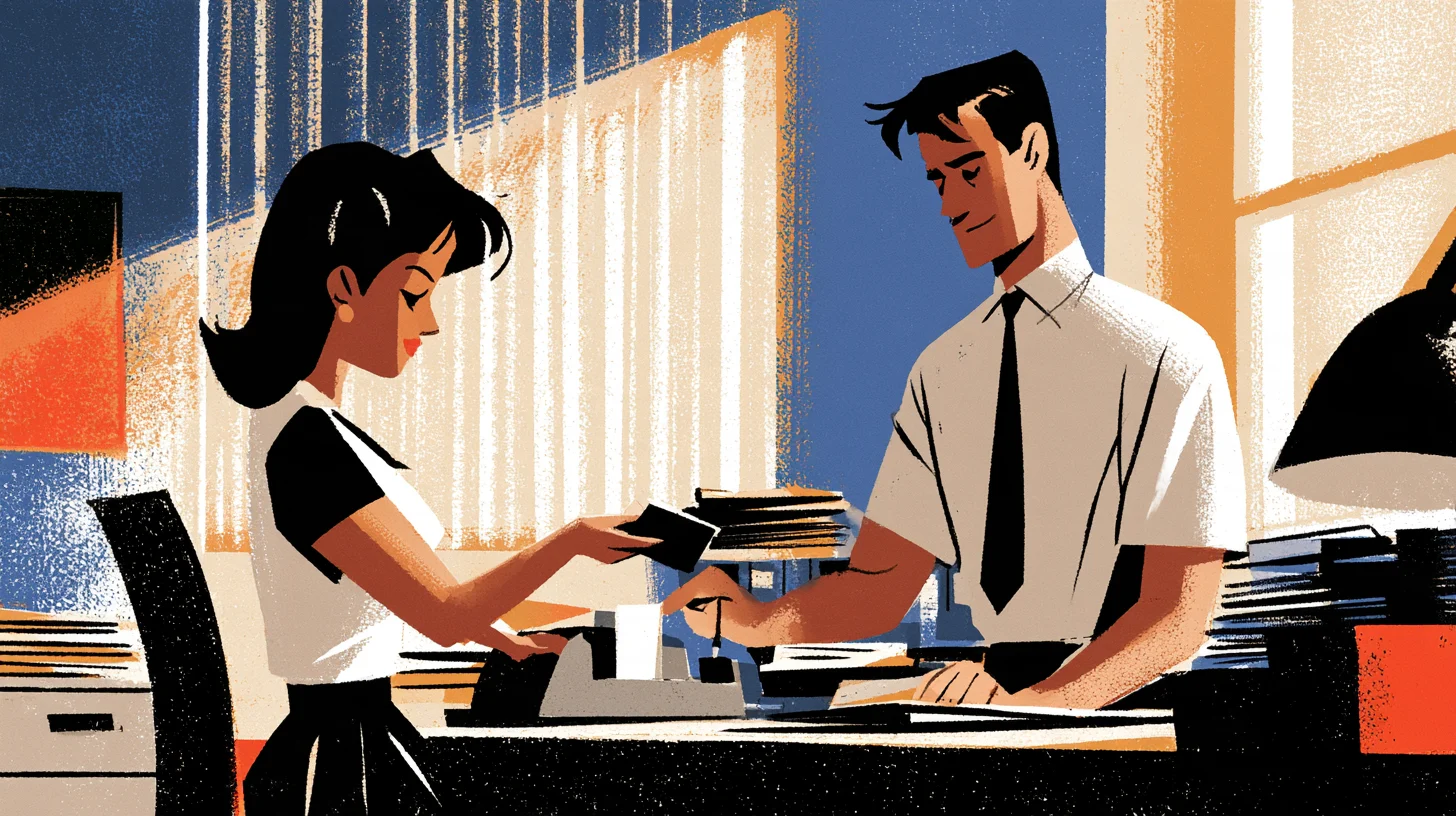 Retroillustration av en kvinna och en man vid ett skrivbord med skrivmaskin, papper och pärmar. Kvinnan håller fram ett svart kort medan mannen pekar mot skrivmaskinen.