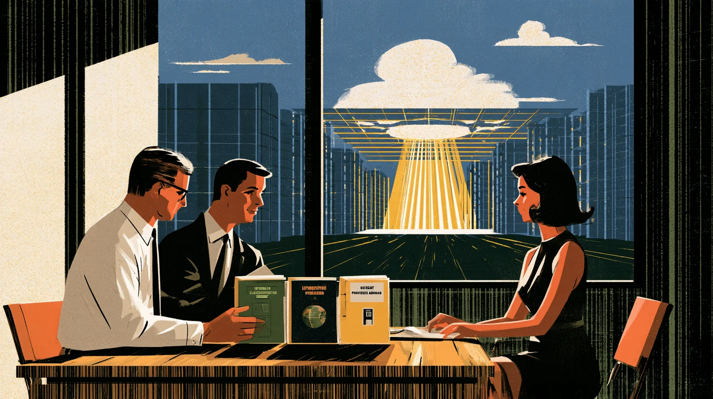 Illustration i retrostil av två män i skjorta och slips och en kvinna som sitter vid ett träbord med tre pärmar i grönt, mörkblått och gult framför sig, medan ett stort fönster bakom dem visar höghus och ett moln som sänder gula ljusstrålar ner mot en byggnad.