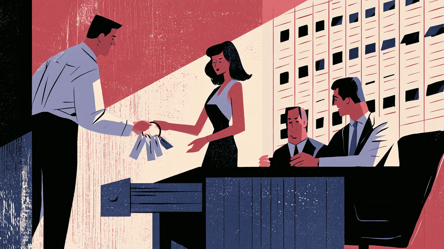 Mid-century-illustration av en kollega som räcker över en ring med kontotaggar till en annan kollega vid ett öppet skrivbordsskåp, medan två kollegor sitter framför en vägg med fack.