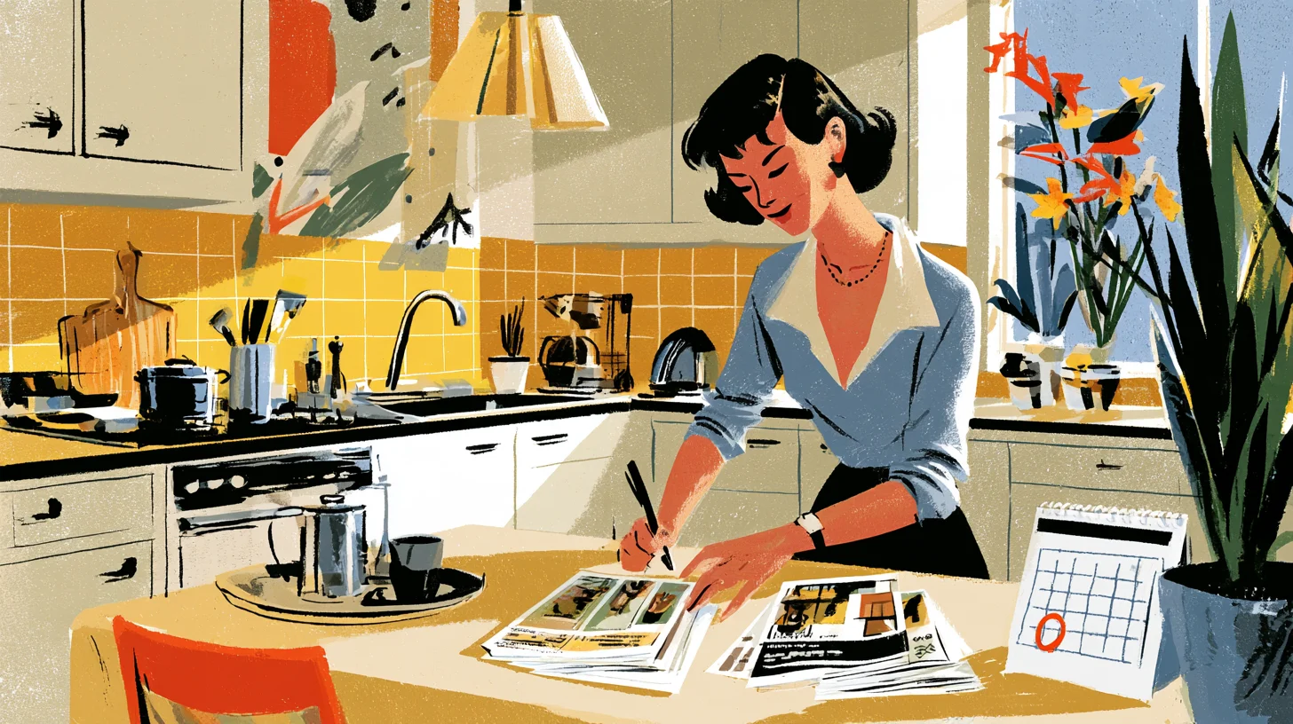 Retroillustration av en kvinna i blå blus som står vid ett köksbord och antecknar med en penna bland uppslagna broschyrer, bredvid en bordskalender där ett datum är inringat i rött. I bakgrunden syns ett kök med gult kakel, en taklampa och blommor i fönstret.