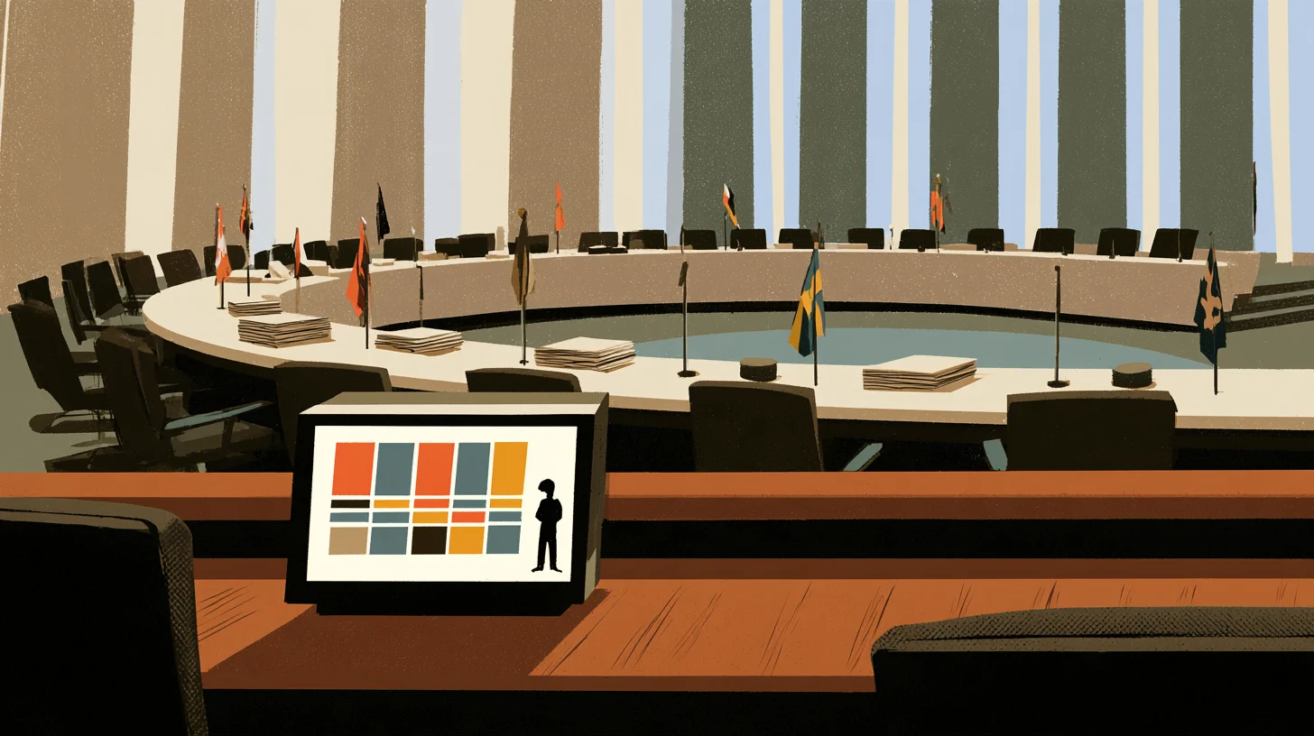 Illustration av en tom rådssal med ett svängt konferensbord, små flaggor och pappersbuntar, och i förgrunden en skärm med ett schema i färgade block bredvid en liten mänsklig siluett.
