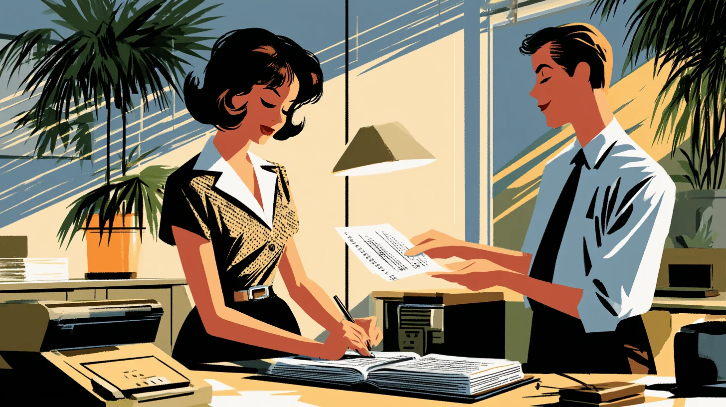 Illustration i 1950-talsstil där en kvinna vid ett skrivbord för in en rad i en stor uppslagen liggare medan en man i skjorta och slips räcker över ett utskrivet blad i ett ljust kontor med palmer och bordslampa.