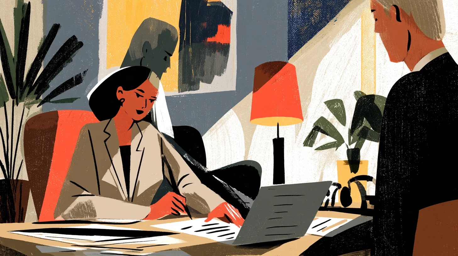 Illustration av tre personer vid ett skrivbord, där en kvinna skriver på papper bredvid en öppen bärbar dator.