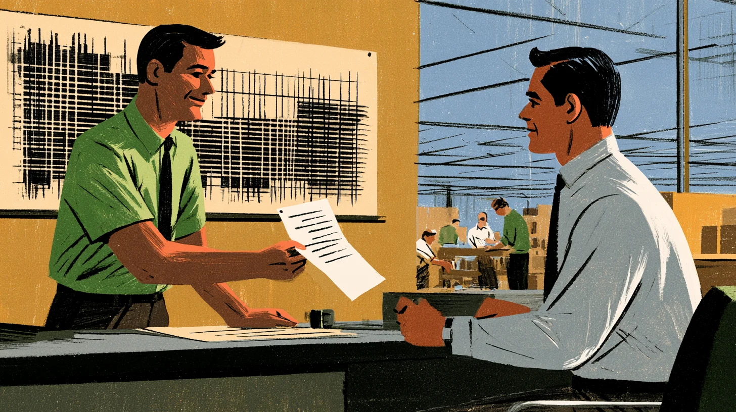 Illustration av en man i grön skjorta som räcker över ett skrivet papper till en man vid ett skrivbord, med ett rutnät som liknar ett schema på väggen och arbetare i ett lager i bakgrunden.
