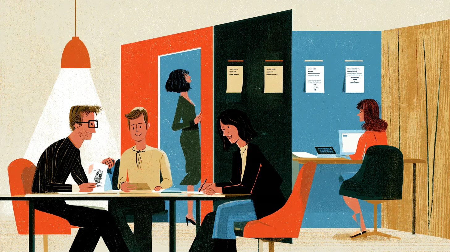 Illustration av fem personer på ett kontor: tre arbetar vid ett bord, en passerar bakom dem och en sitter vid en dator.