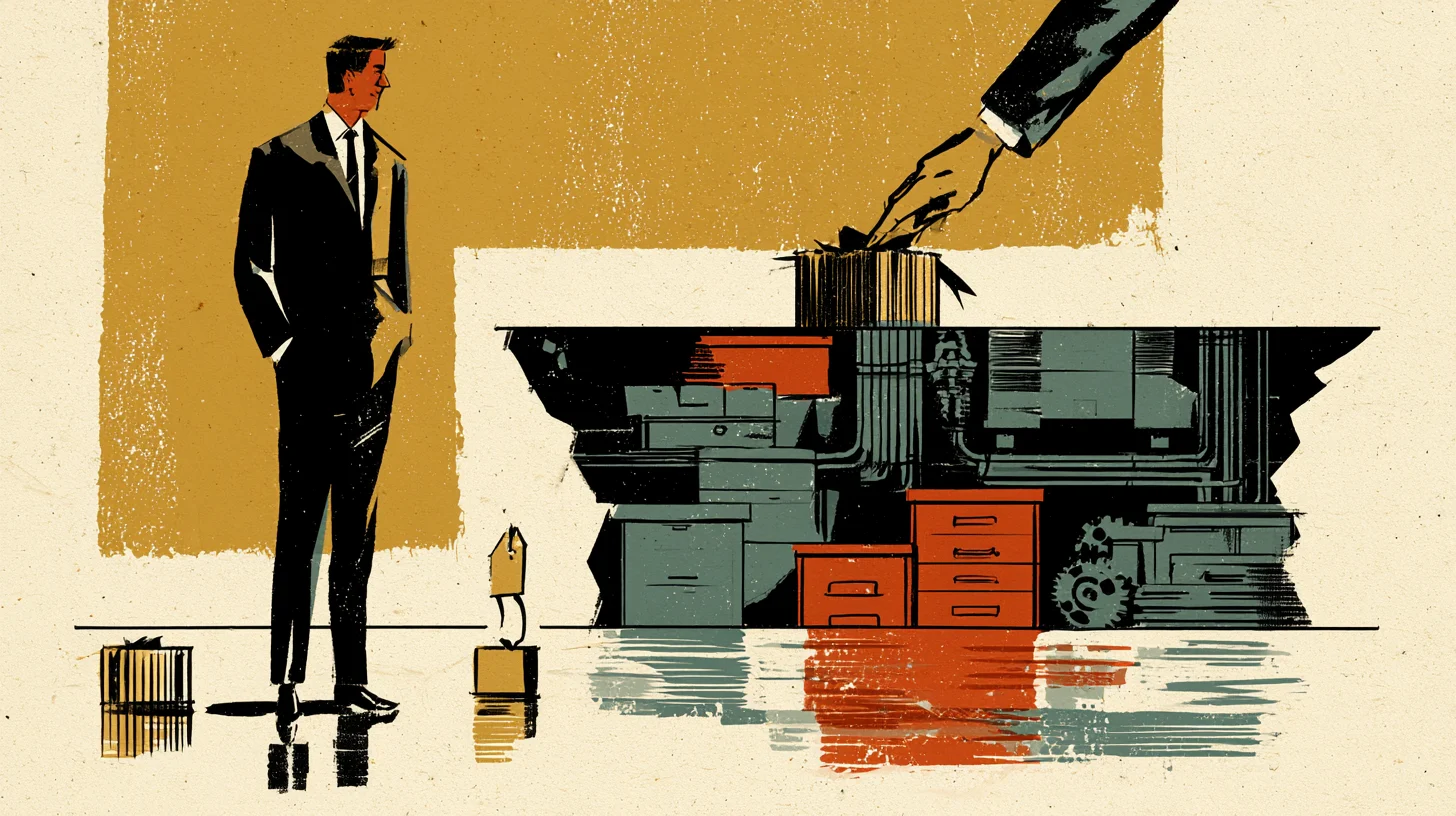 Retroinspirerad redaktionell illustration i ockra, tegelrött och dämpat blågrönt: en man i kostym står till vänster och betraktar en liten låda med hängande prislapp, medan en väldig hög av staplade lådor, arkivskåp, rör och kugghjul reser sig till höger.