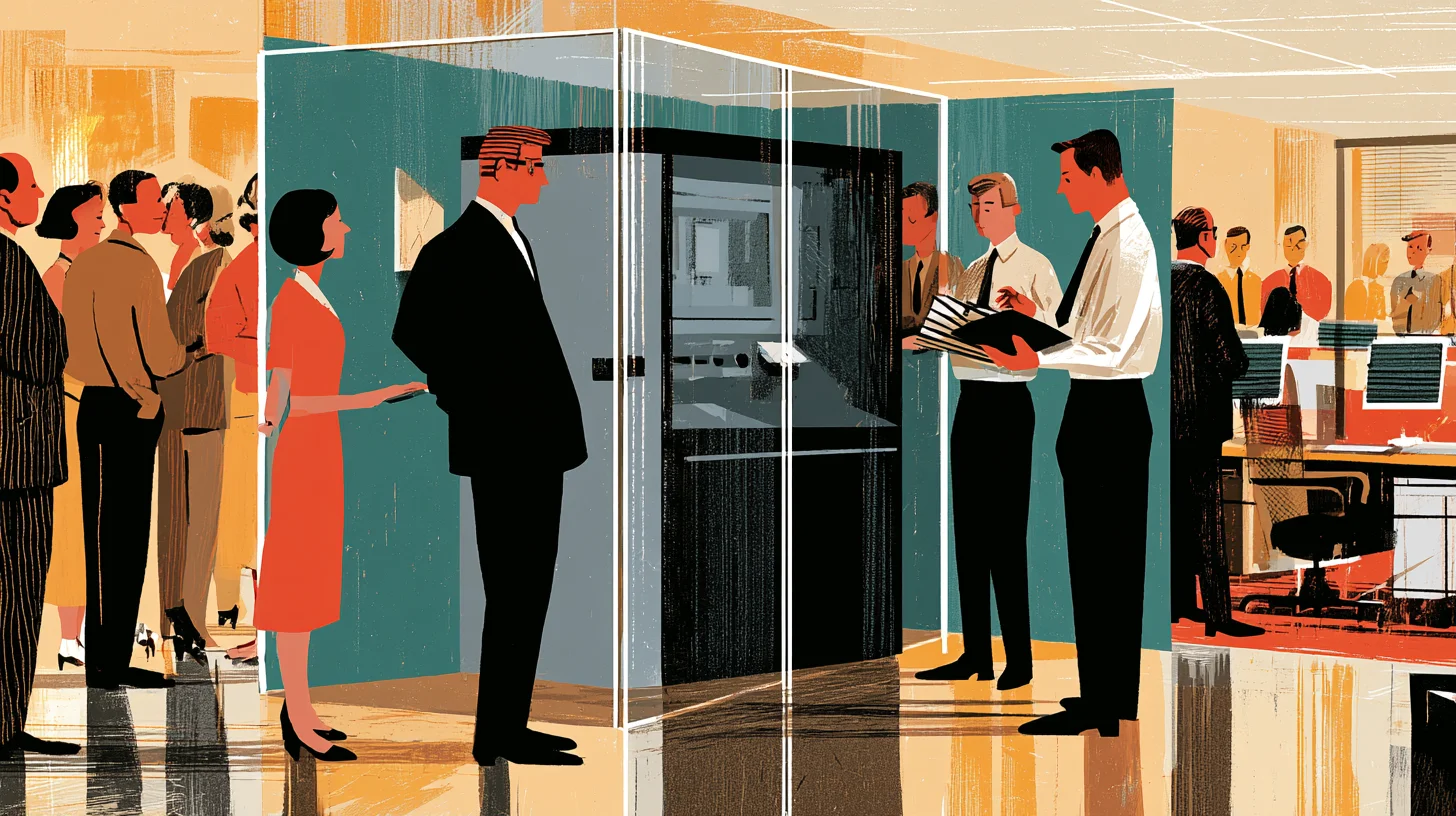 Mid-century-illustration av en ny maskinmodul bakom en testavdelare, där en liten pilotgrupp granskar åtkomstkort och mappar medan resten av kontoret väntar.