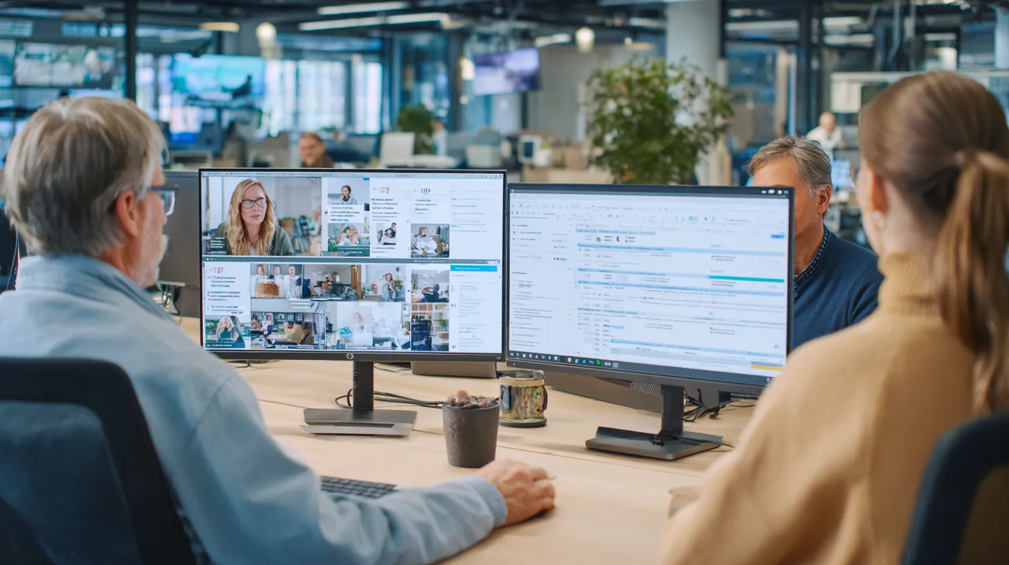 Kollegor på ett kontor granskar digitalt bild- och videoinnehåll på två bildskärmar.